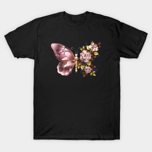 Flower Butterfly with Pink Gold Roses T-Shirt